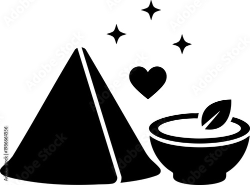 Natural herbal medicine icon with mortar bowl leaf heart and sparkles on transparent base.