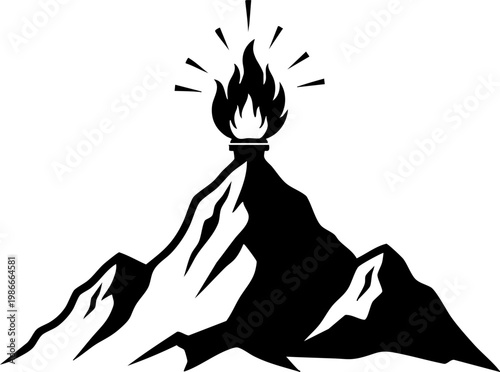 Mountain peak with olympic torch fire flame silhouette representing success and challenge.