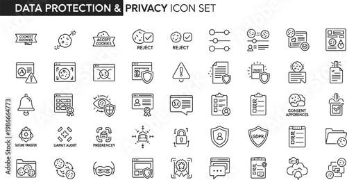 Data protection and privacy cookie consent line icon set featuring GDPR compliance preferences approval encryption verification security vector collection
