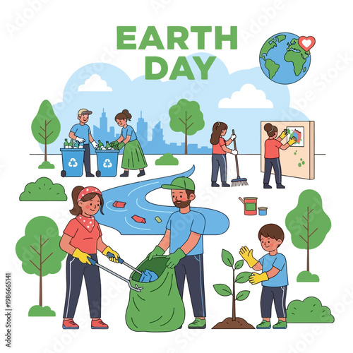 Earth Day Celebration: Diverse People Cleaning Up Environment, Recycling & Planting Trees