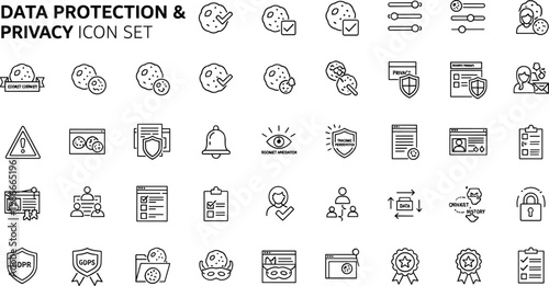 Data protection and privacy cookie consent line icon set featuring GDPR compliance tracking control settings security verification vector collection