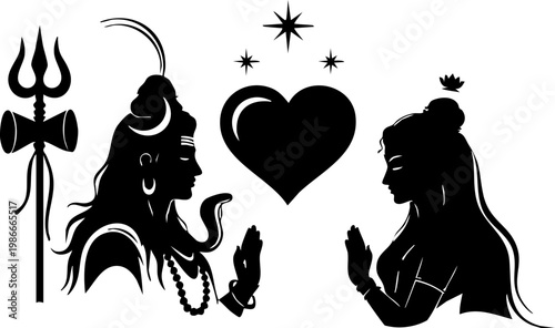 Shiva and Parvati praying with trishul and snake love symbol.