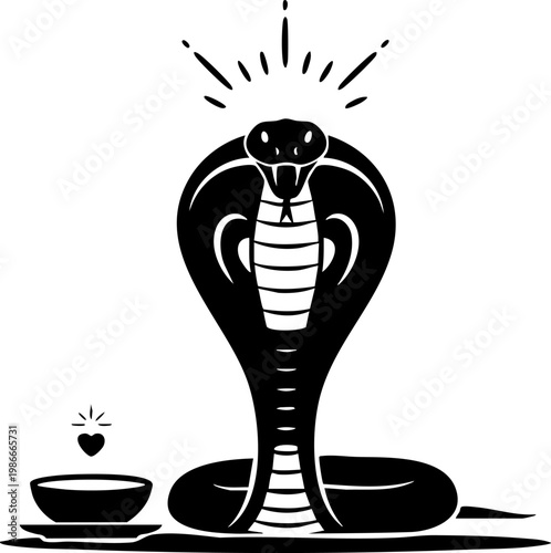 Cobra with heart bowl and radiating lines.