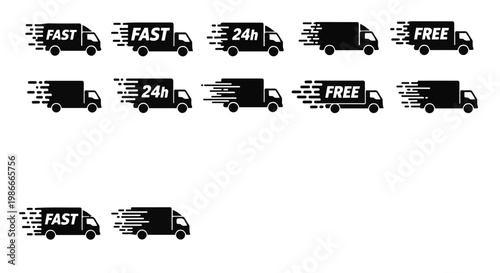 Black delivery truck icons with fast free and 24 hour labels