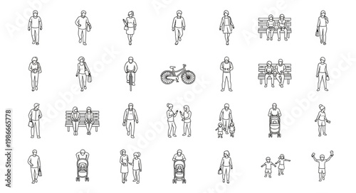 Collection of Small Black and White Human Figures and Objects.