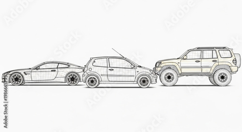 Three different types of vehicles lined up in a row.