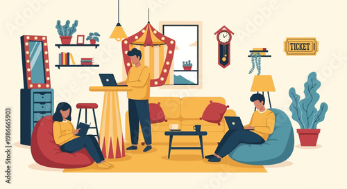 People working on laptops in a cozy coworking space.