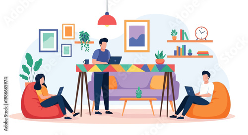 People working on laptops in a cozy home office setting.