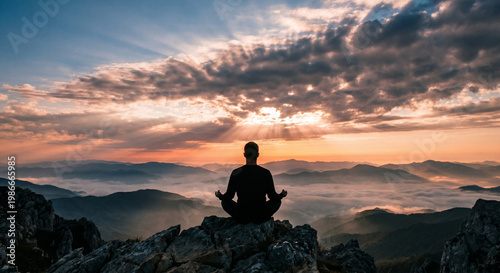 silhouette of a man in meditation in the mountains at sunrise.