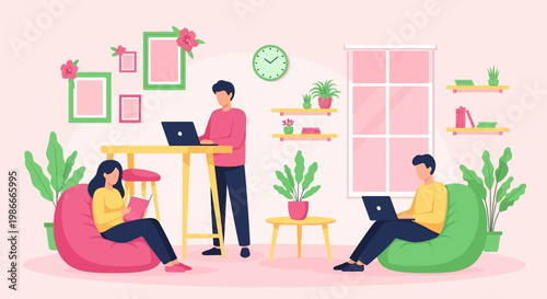 People working on laptops in a cozy home office setting.