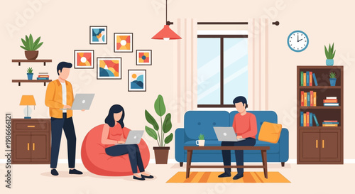 People working on laptops in a cozy living room setting.