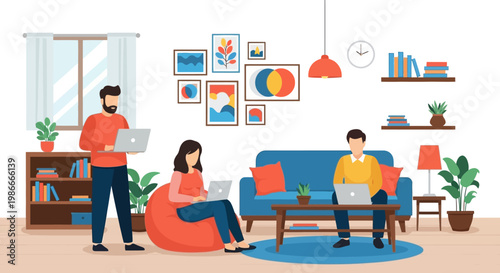 People working on laptops in a cozy living room setting.