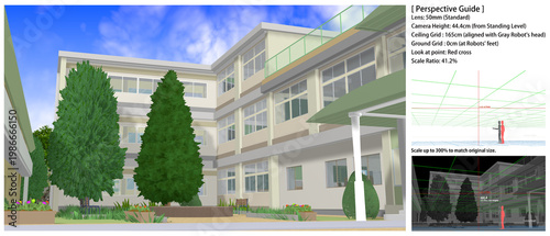 学校の景色：運動場・中庭から見た各種アングル
[背景画のパースガイドとして以下の情報が素材に記載しています。拡大コピペしてお使いください]
Look at Point (注視点)   （赤の十字）
レンズ高（接地足元基準）（白の水平線）
レンズ: 50mm (標準)
灰色ロボの頭　＝165cm＝天井グリッド	（緑）
ロボ二体の足裏＝  0cm＝地面グリッド	（青）
縮尺：41.2%