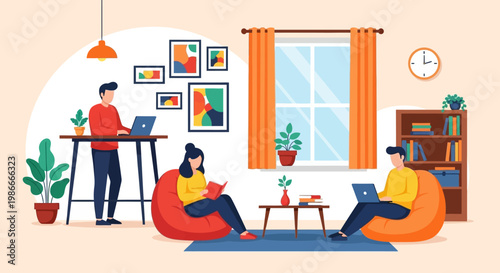 People working and studying in a cozy home environment.