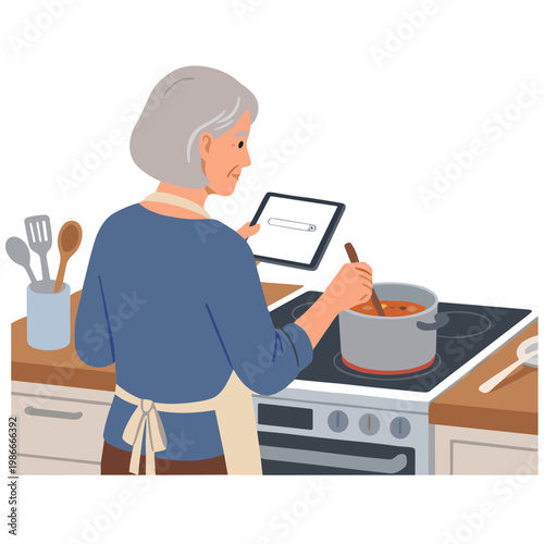 Woman cooks on stove while checking recipe on device in kitchen