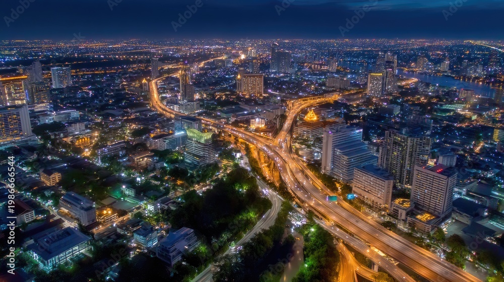 Fototapeta premium Aerial view of a vibrant city skyline illuminated at night showcasing urban landscape, traffic, and architectural marvels