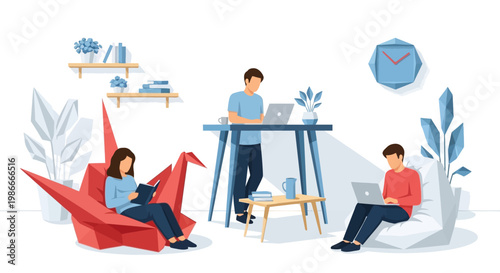 People working and relaxing in a modern creative space.