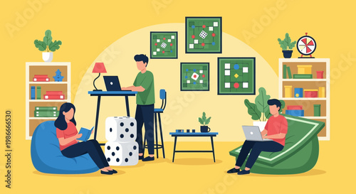 People working and relaxing in a modern creative space.