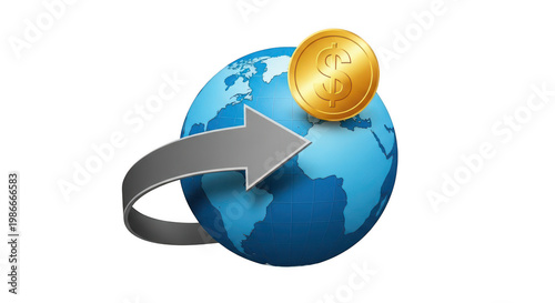 A golden arrow orbits a blue and white globe symbolizing global communication. isolated on transparent background