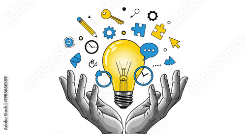 A creative concept with a lightbulb and hands surrounded by various symbols