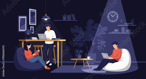 People working remotely in a modern co-working space.