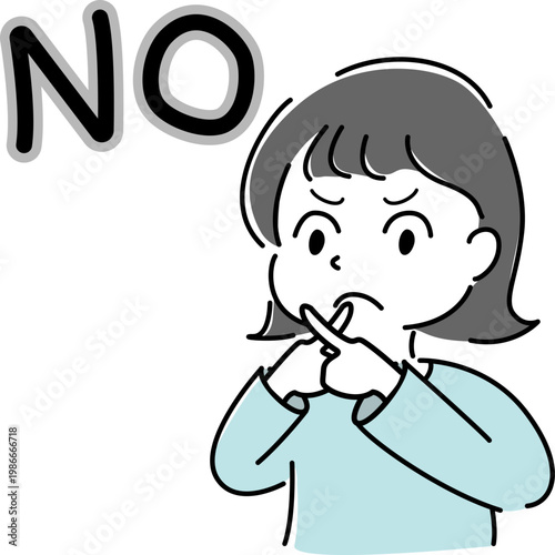 バツジェスチャーで否定する女性のシンプルイラスト（NG・文字入り・拒否・ダメ・禁止・悩み・判断・人物素材） /
Woman making cross sign gesture to indicate no with NO sign simple illustration (NG, refusal, prohibition, denial, decision, people)