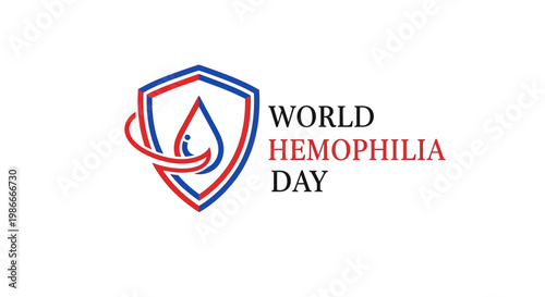 Against a clean white background, a vector illustration commemorates World Hemophilia Day with a stylized shield outlined in red and blue, featuring a central red teardrop symbolizing blood
