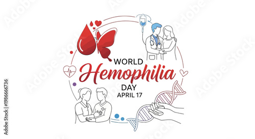 Isolated on white, a vector illustration commemorates World Hemophilia Day with a symbolic blood drop butterfly and medical personnel sketch, fostering healthcare awareness for this genetic