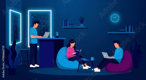 People working on laptops in a modern co-working space.