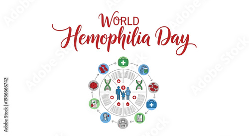 A vector illustration for World Hemophilia Day features symbolic icons representing blood disorders and genetic conditions arranged in a circular pattern around a central family figure, set