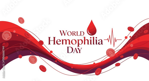 A symbolic vector illustration for World Hemophilia Day features stylized red blood cells and a prominent blood drop against a white background, conveying a message of hemophilia awareness