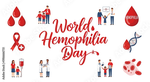 A vibrant vector illustration commemorates World Hemophilia Day, displaying family scenes, medical professionals, and blood drop symbols against a clean white backdrop, promoting hemophilia