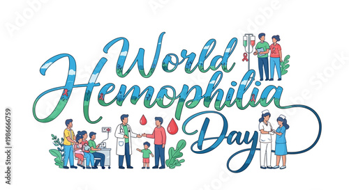 A stylized vector illustration commemorates World Hemophilia Day, depicting medical professionals assisting patients of all ages with blood infusions and examinations, set against a clean