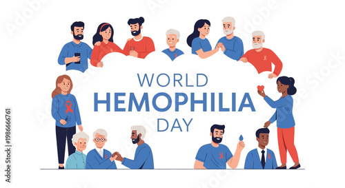 A celebratory vector illustration commemorates World Hemophilia Day with a diverse group of people surrounding the text, set against a clean white background to spotlight the importance