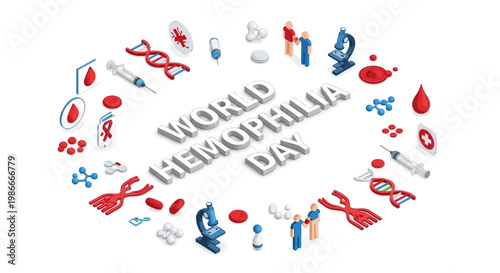 Isometric vector art commemorates World Hemophilia Day, featuring medical icons like DNA strands, microscopes, and blood drops arranged around the central text on a clean white background