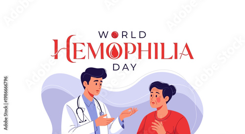 An illustration features a doctor consulting with a patient about hemophilia awareness on World Hemophilia Day, with the blood disorder concept emphasized through graphic elements