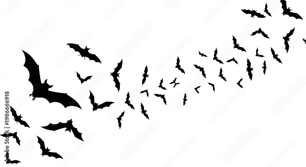 Obraz premium Black bats flying flock, silhouette vector icons, Halloween symbols, flying mammals