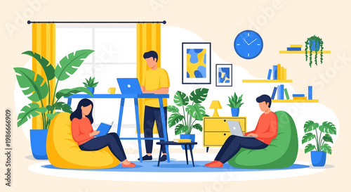 People working and studying in a cozy home office environment.