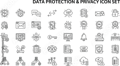 Data protection and privacy line icon set featuring encryption authentication secure messaging login access control cybersecurity vector collection