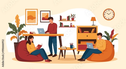 People working and studying in a cozy home office environment.