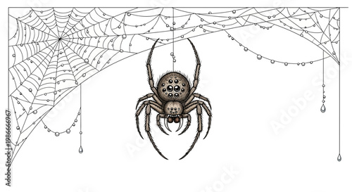 Halloween spider web, black spider, creepy cobweb, horror decorations, vector illustration