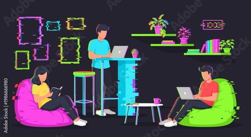 People working on laptops in a modern coworking space.