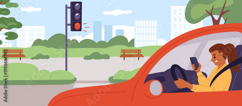 Woman driving car is distracted and looks at her phone while riding through red light. Traffic rules. Automobile at road. Female using smartphone at transport wheel. Vector concept