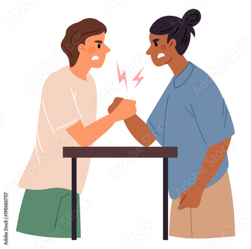 Two young men fighting arm wrestling. Sport rivalry. Strength and power tournament. Wrestlers pushing hands at table. Struggle challenge. Vector concept of opposition and competition