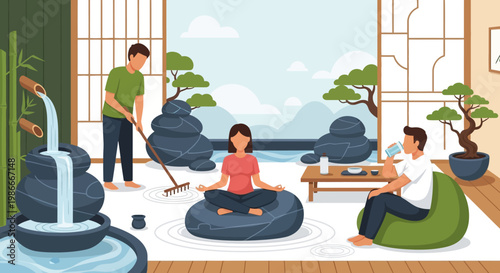 People practicing mindfulness and yoga in a serene Japanese garden setting.