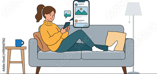 Woman sitting on couch with laptop and phone in living room