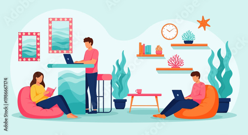 People working and relaxing in a modern home office setting.