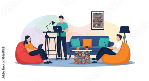 People working remotely in a modern living room setting.
