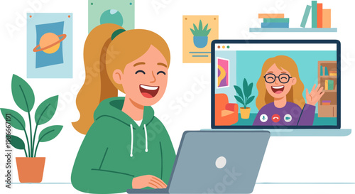 A young girl happily video chatting with a woman on her laptop in a cozy room.