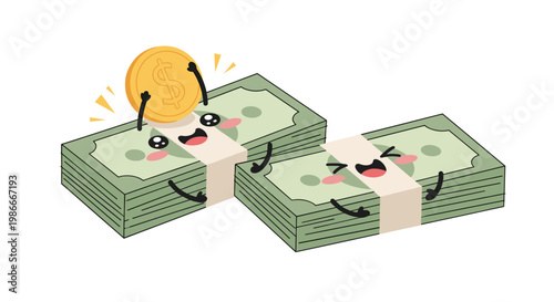 Cheerful cartoon money stacks and a gold coin with cute faces celebrate financial success on a clean white background.